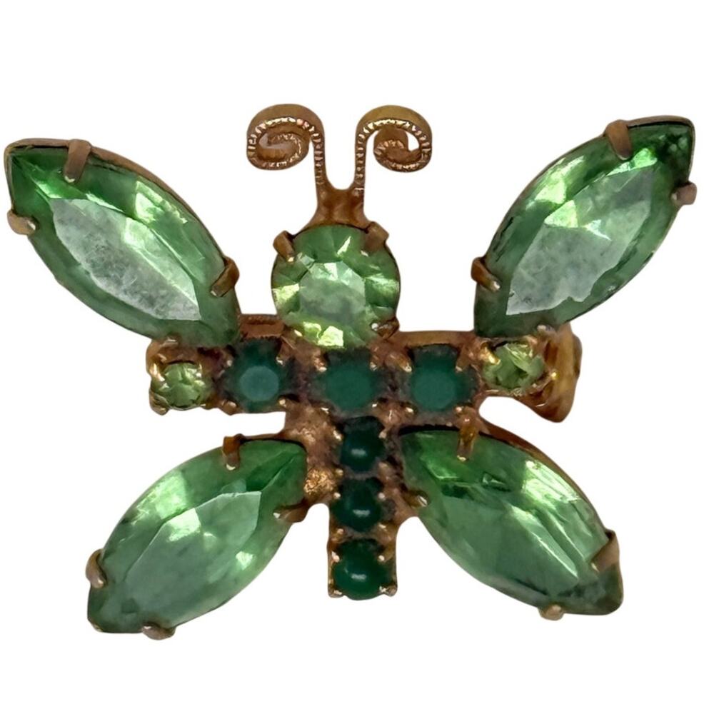 Vintage 1950s Green Rhinestone Butterfly Brooch Gold Tone Pin
